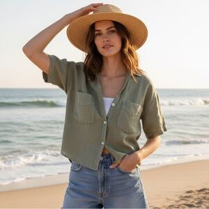 Zara Green Cropped Relax fit Boxy Button Down Linen Shirt summer slouchy Sz XL